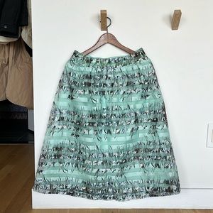 Anthropologie Maeve blue floral mint green midi skirt, sheer outer layer, size M